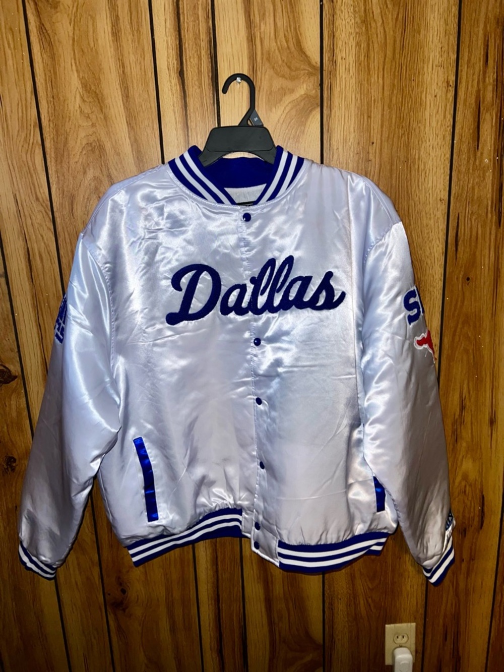 Dallas Satin Bomber Jacket in Silver and Royal Blue